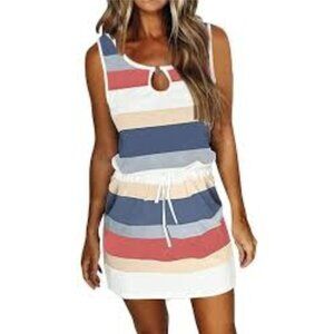 Womens Striped Sleeveless Dress Keyhole Neck & Drawstring Waist Size M Casual